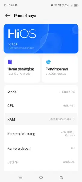 Tecno Spark 30C ram 8+5 GB internal 256gb