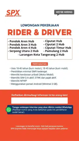 lowongan kerja Rider dan Driver