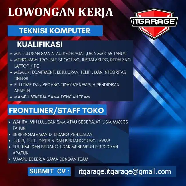 Di Butuhkan Teknisi Komputer & Frontliner / Countersales