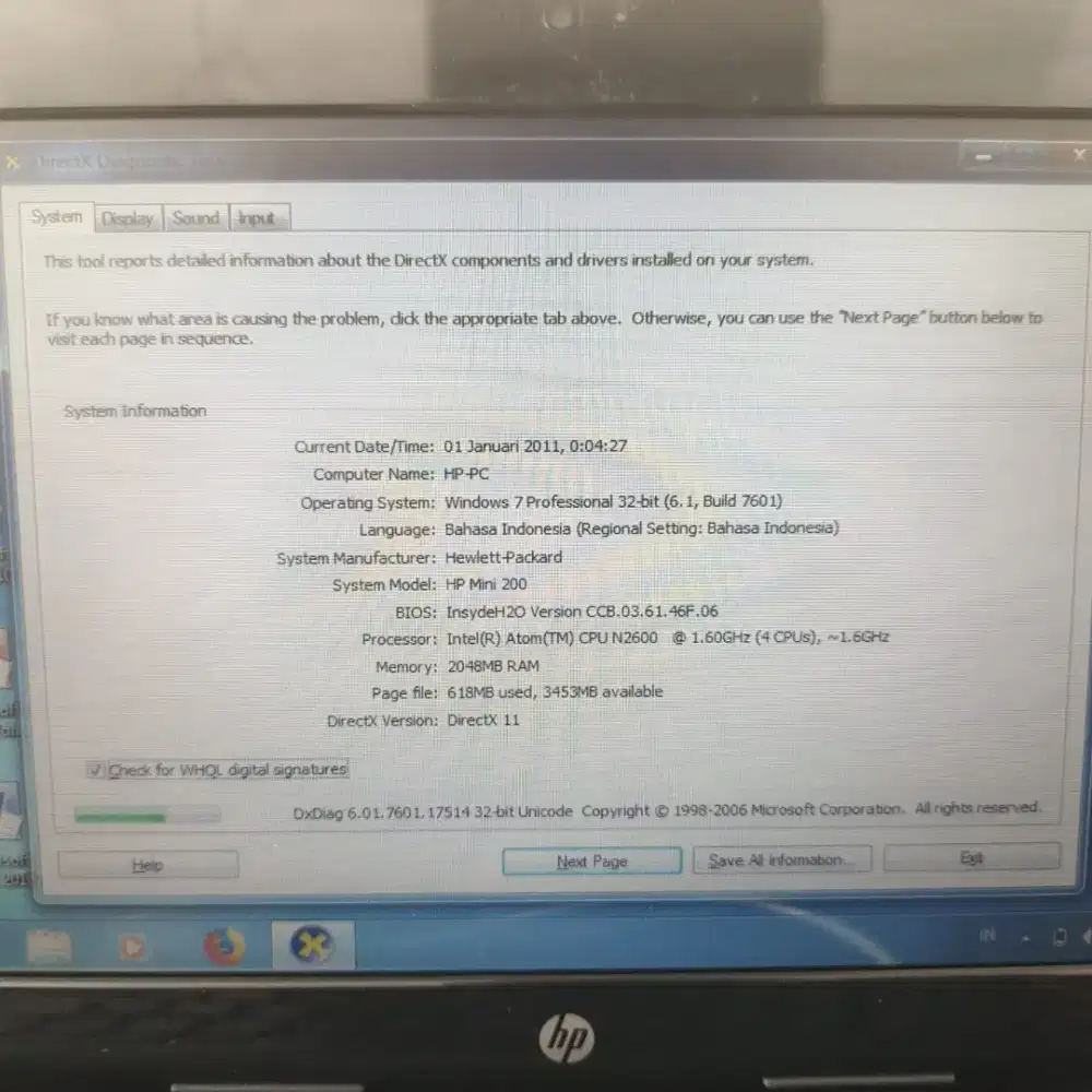JUAL NOTEBOOK HP mini200 INTEL ATON N2600 RAM2GB HDD500GB WINDOWS7