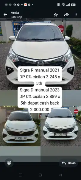 Sigra D 1.0 2023 DP 0% Sigra R mt 2021 DP 0% cash back 2 jt