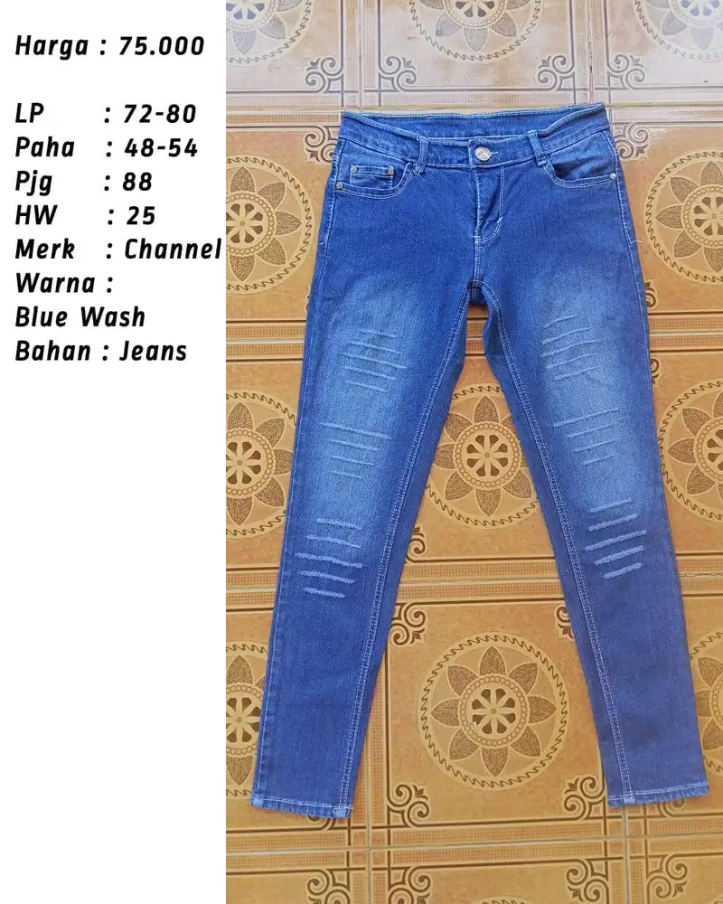 Celana Panjang Jeans Blue Wash Ripped No Tembus Brand Channel