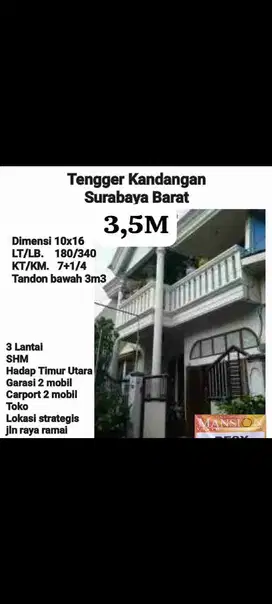 Rumah Dijual Tengger Kandangan Surabaya Barat Hook Dengan Garasi Luas di Pinggir Jalan Ramai Cocok Untuk Usaha
