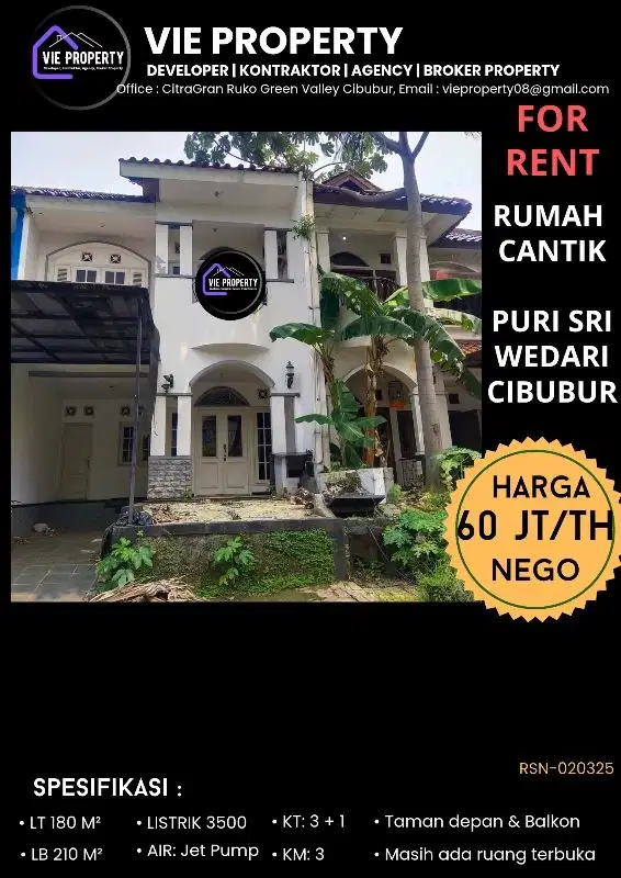 Rumah cakep disewakan murah di Puri Sri Wedari