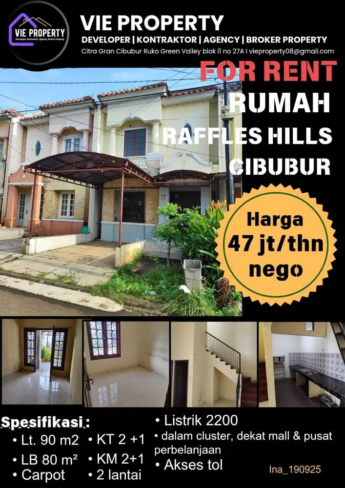 Di Sewakan Rumah Cantik Siap Huni 47Jt Nego. Raffles Hill Cibubur.