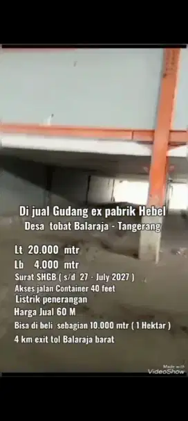Jual Gudang ex pabrik Hebel, Desa Tobat. Balaraja, Tangerang