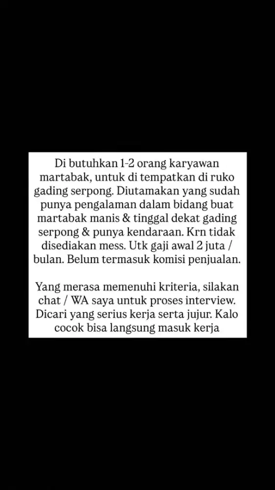 Dibutuhkan karyawan MARTABAK 1-2 orang yg Sudah ada pengalaman