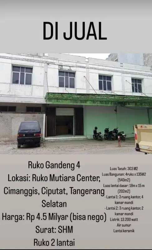 Dijual Ruko Gandeng 4 di Ruko Mutiara Cimanggis Ciputat tangerang