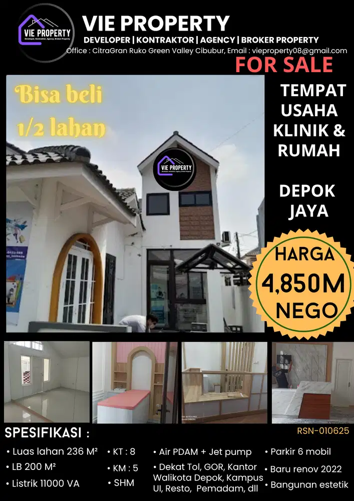 HARGA DIBAWAH PASAR  DIJUAL BANGUNAN KLINik masiih aktif di Depok Jaya