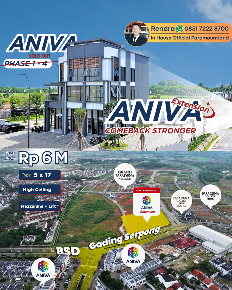 Ruko Aniva Hadap Jalan 3 Lantai 5x17 Gading Serpong