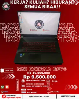 Laptop MSI Katana GF76 Intel Core i7 Gen 12 RAM 16GB RTX 3050