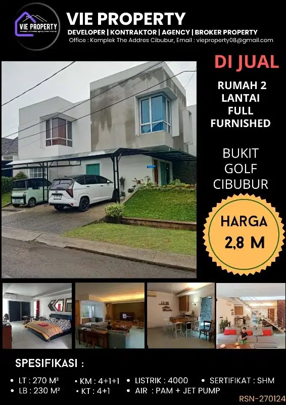 Dijual cepat rumah 2 lt full furnished Bukit Golf Cibubur Riverside