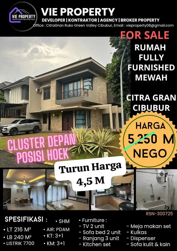 Turun Harga!! Dijual cepat rumah mewah furnished di Citra Gran Cibubur