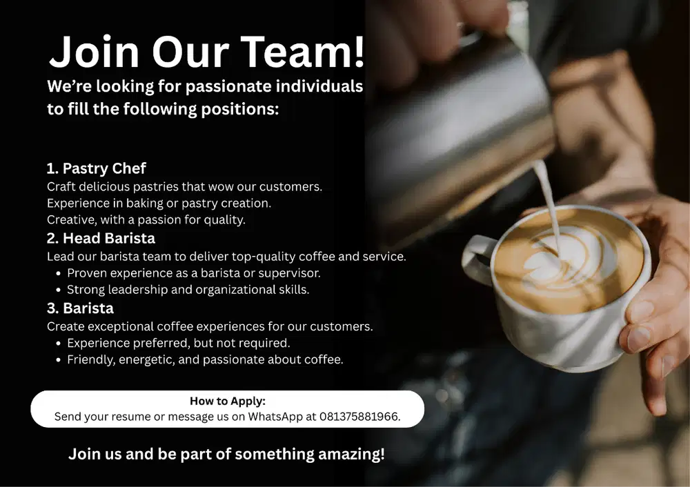 Job Opportunities: Barista, Head Barista, and Pastry Chef