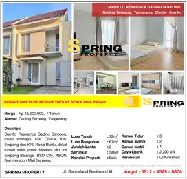 Rumah di Carrillo Gading Serpong Siap Huni Dekat Stasiun Serpong BSD