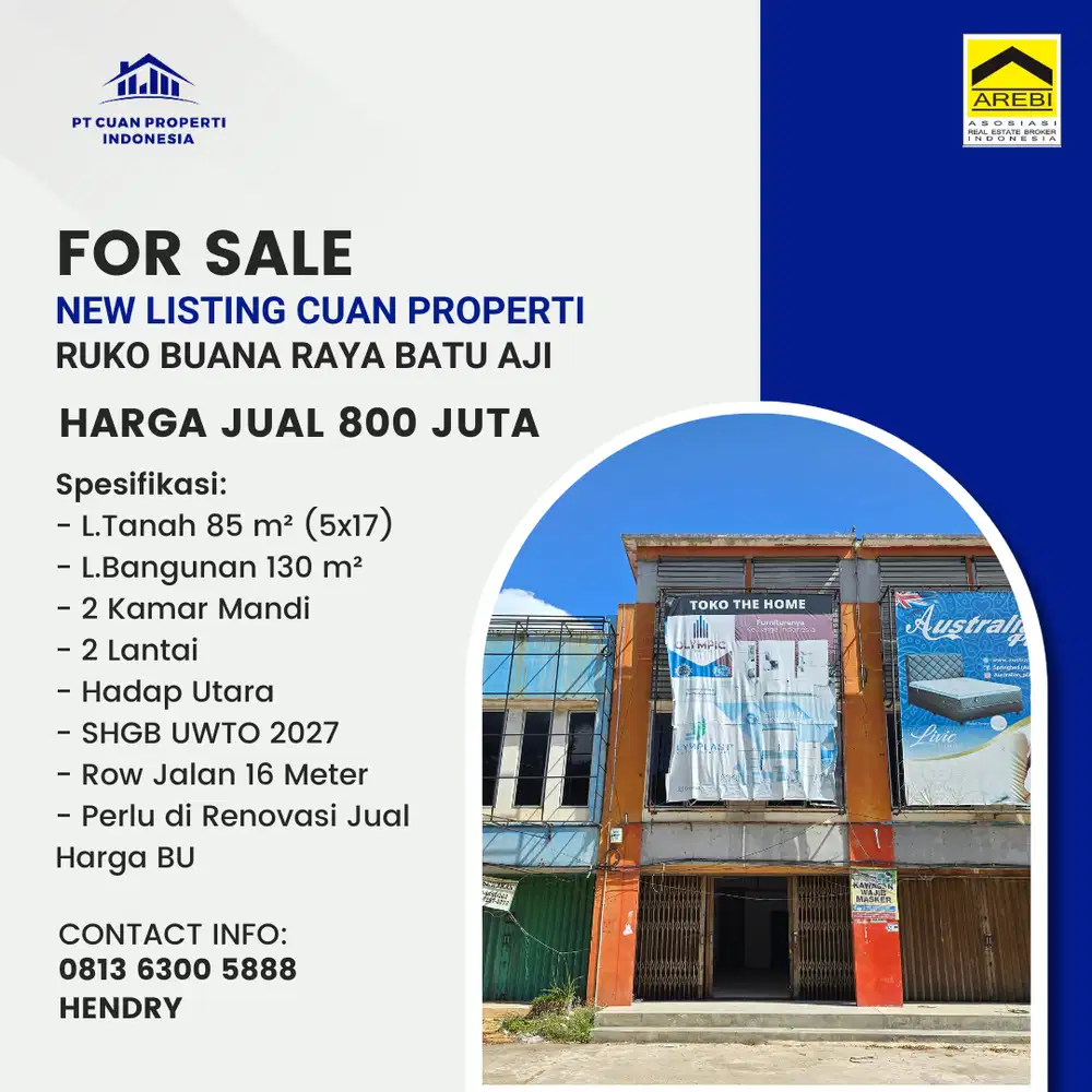 Dijual Cepat Butuh Uang Ruko Batu Aji Buana Raya Row Jalan Utama