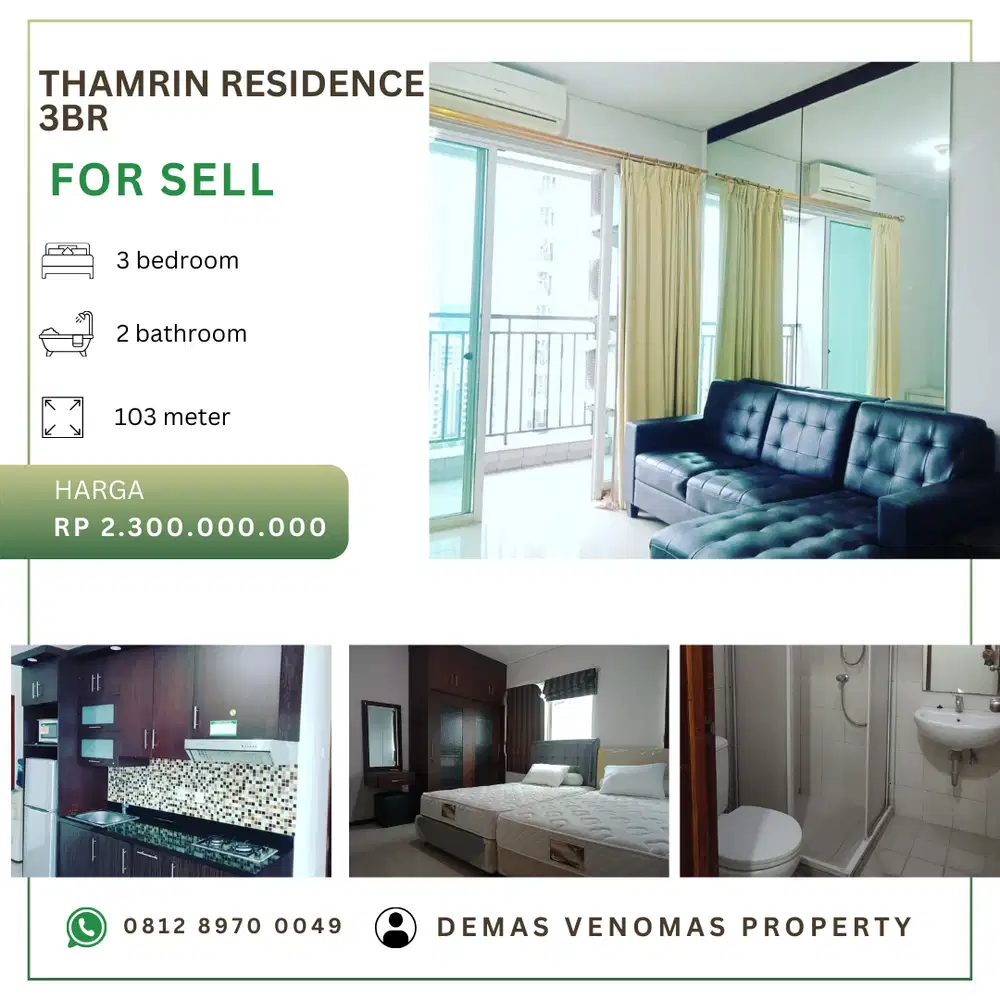 Dijual Apartement Thamrin Residence 3BR+1 Full Furnished Mid Floor