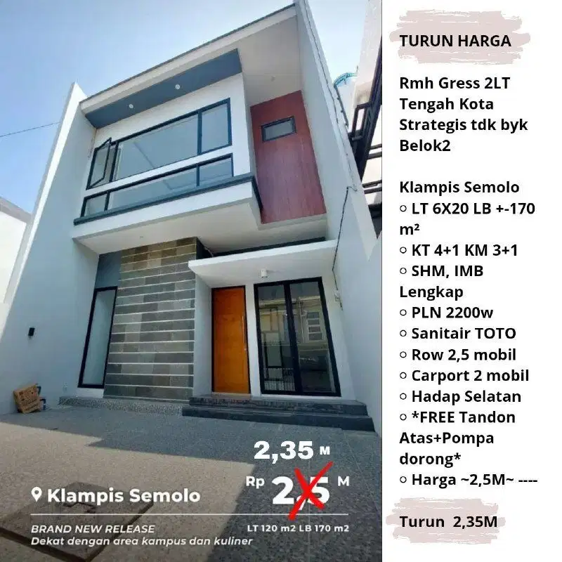 Rumah Gress 2LT Tengah Kota Strategis tdk byk Belok  TURUN HARGA