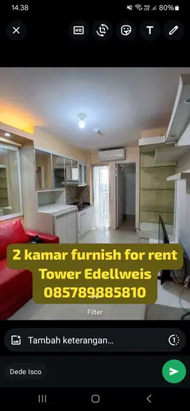 For rent apartemen type 2 bedroom tower edellweis