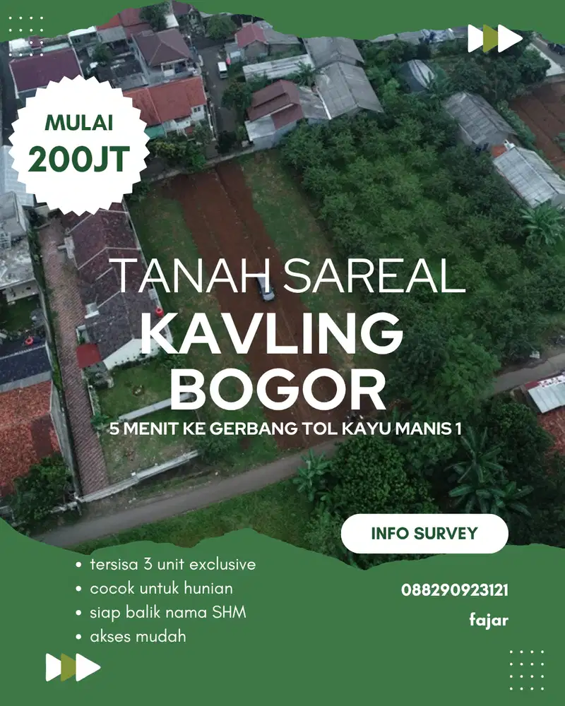 KAVLING TANAH SAREAL, BOGOR, 5 MENIT KE GERBANG KAYU MANIS 1
