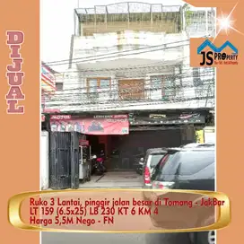 DIJUAL Cepat Ruko 3 Lantai, pinggir jalan besar di Tomang JAK BAR
