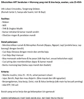 Dibutuhkan ART Serabutan + Momong yang niat & bisa kerja
