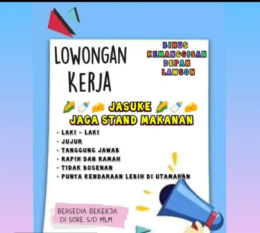 Lowongan kerja untuk jaga stand makanan jasuke