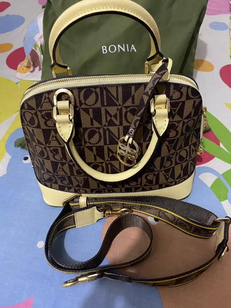 Tas Bonia Alma Leather Mix Monogram Kuning size S Original