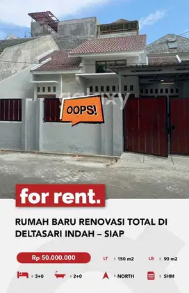 Disewakan rumah baru selesai renovasi di kawasan Deltasari Indah
