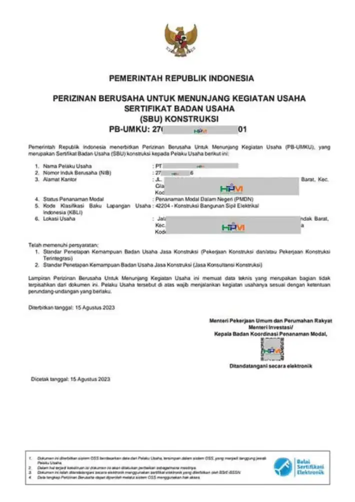 JASA SERTIFIKASI BADAN USAHA BIDANG KONSTRUKSI DAN PERIZINAN LAINNYA