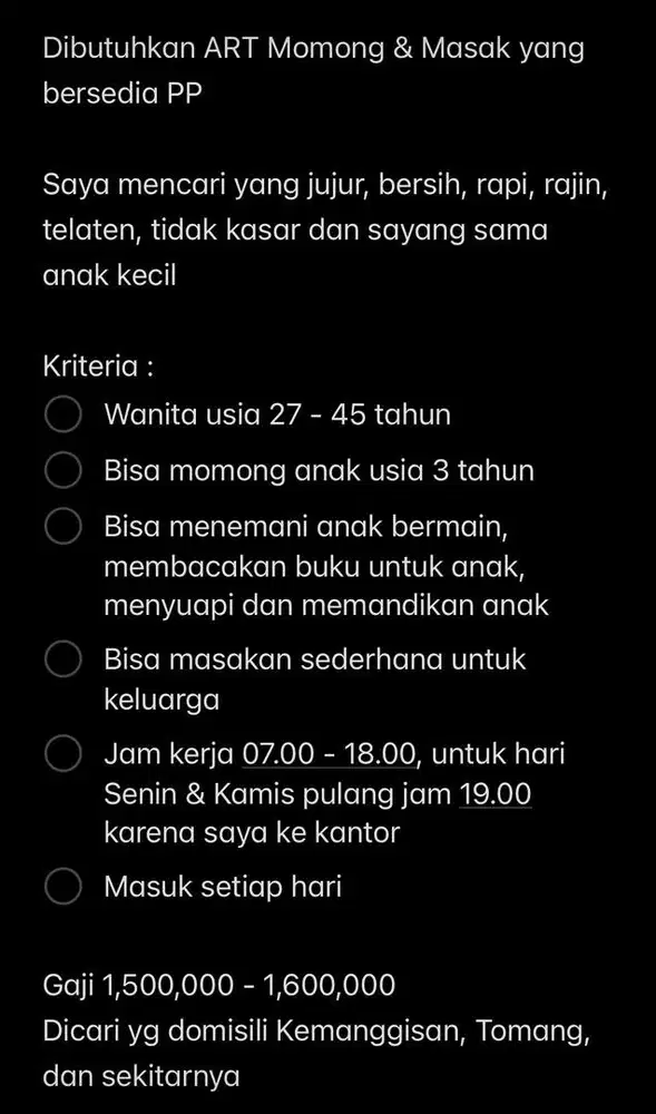 Dibutuhkan ART Momong & Masak yang bersedia PP