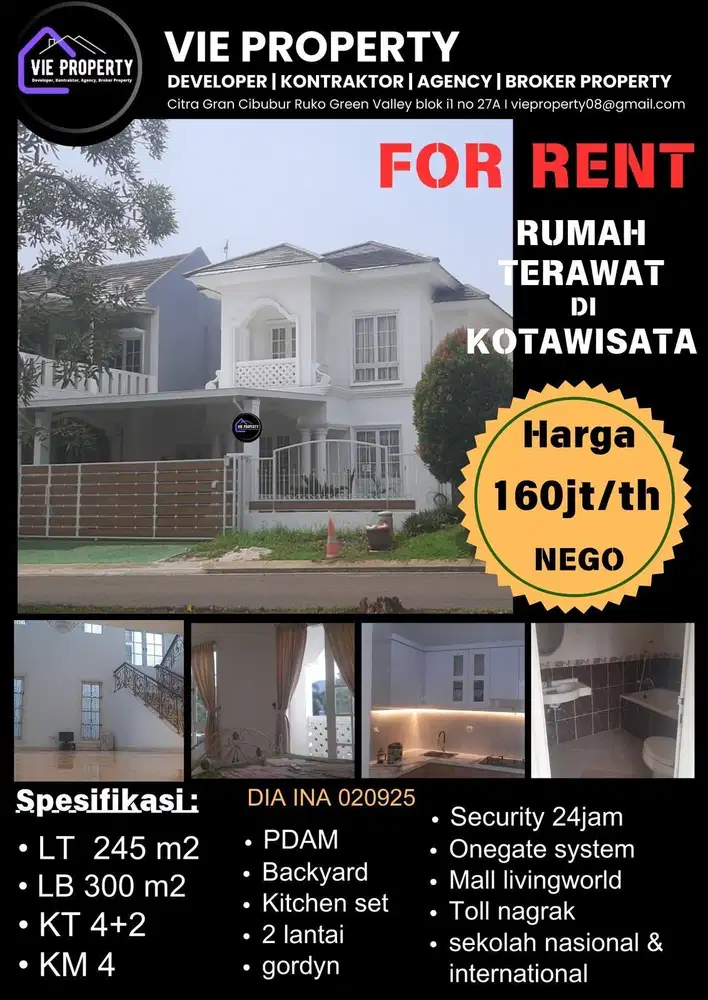 Disewakan Rumah siap huni kota wisata cibubur
