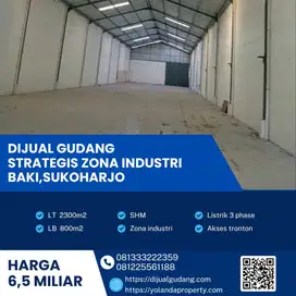 Dijual Cepat Gudang Zona  Industri Strategis Baki,Sukoharjo Luas 2300m2 BU !!!