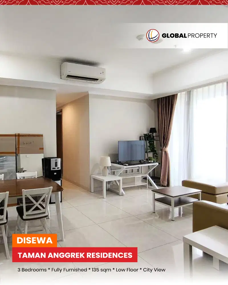 Disewa Taman Anggrek Residences, 3 Bed 135sqm, Low Floor, City View