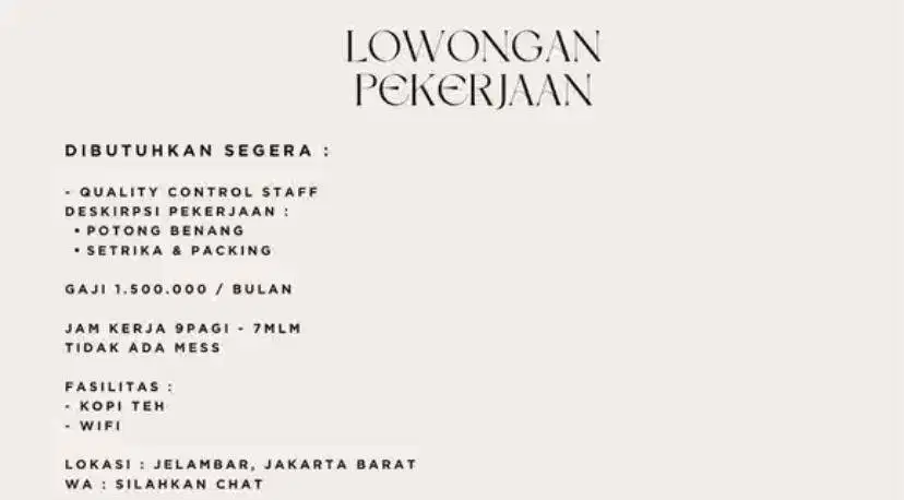 QC Setrika staff konveksi wanita