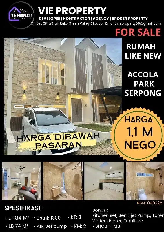 DIJUAL DIBAWAH HARGA PASARAN RUMAH SEPERTI BARU DI SERPONG TANGSEL