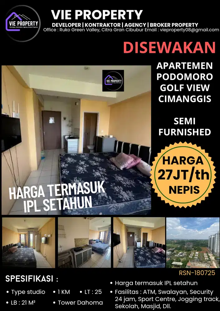 Murah, disewakan apartemen studio unfurnished di Podomoro Golf view