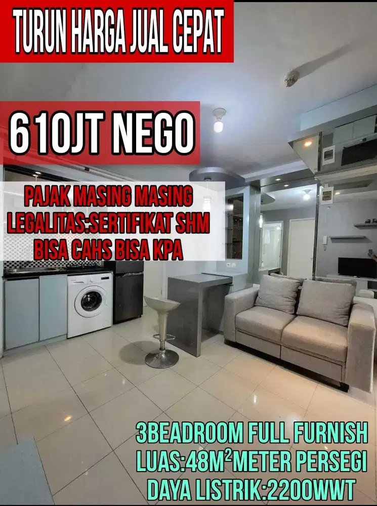 Dijual murah 3beadroom furnished apartemen bassura city
