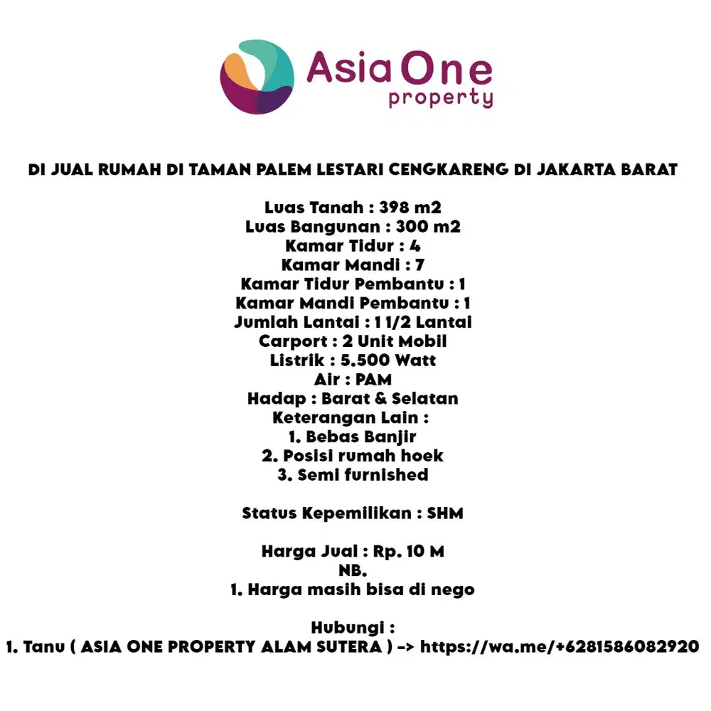 DI JUAL RUMAH DI TAMAN PALEM LESTARI CENGKARENG DI JAKARTA BARAT