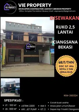 DISEWAKAN MURAH. RUKO 2,5 lantai di Ciangsana Gn Putri