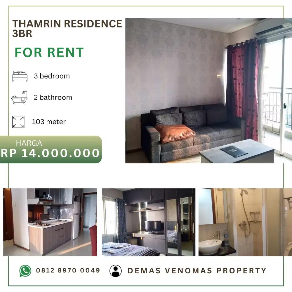 Disewakan Apartement Thamrin Residence 3BR+1 Full Furnished