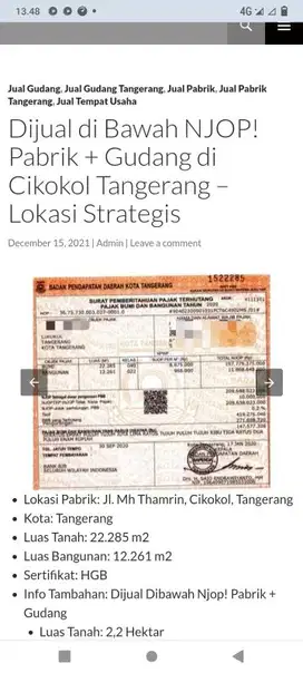 D Jual Gudang d cikokol tangerang