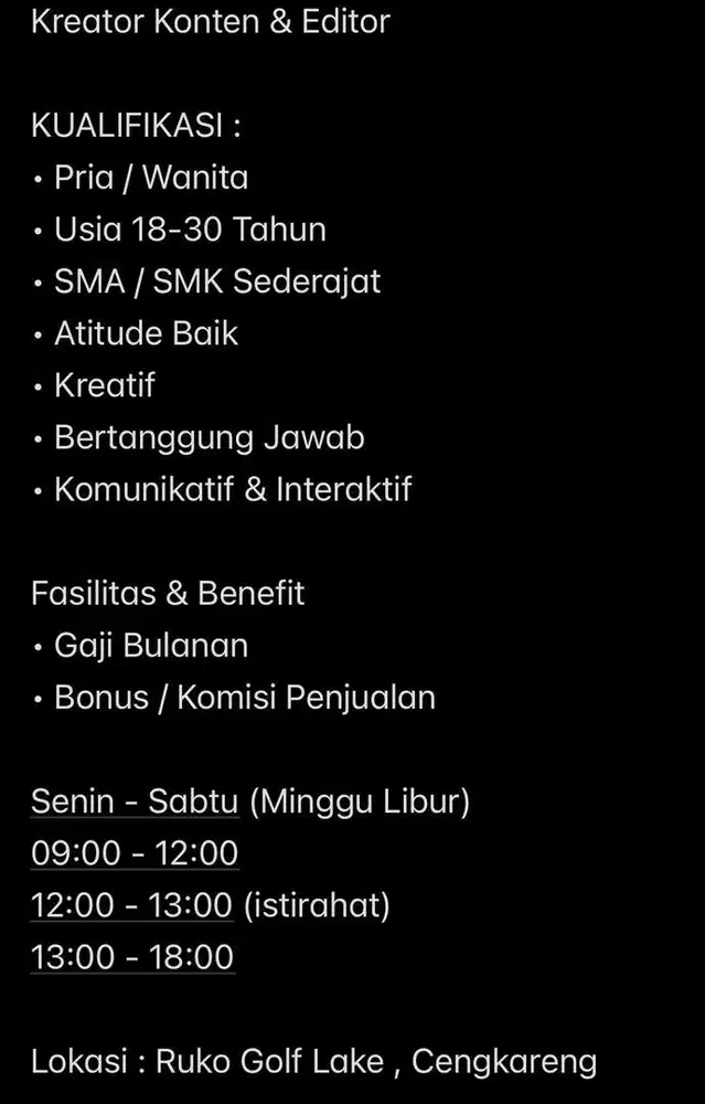 Dicari Buat Konten Kreator dan Editor