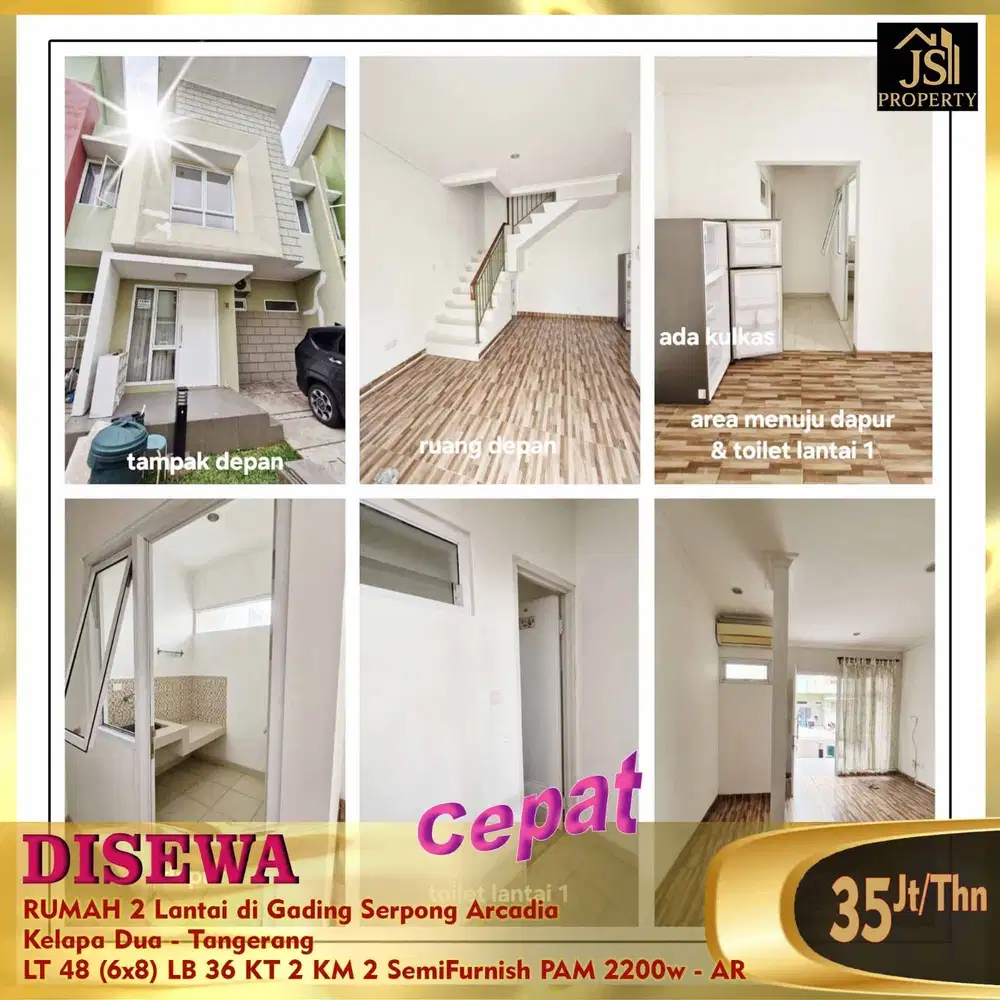 DISEWA RUMAH 2 Lantai di Gading Serpong Arcadia  Kelapa Dua -Tangerang