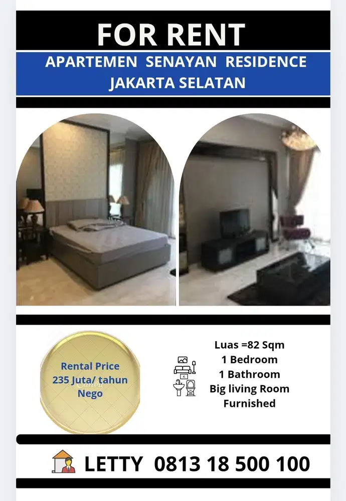 Apartemen Senayan 1 BR Jakarta Selatan Rp 235 juta / tahun Nego