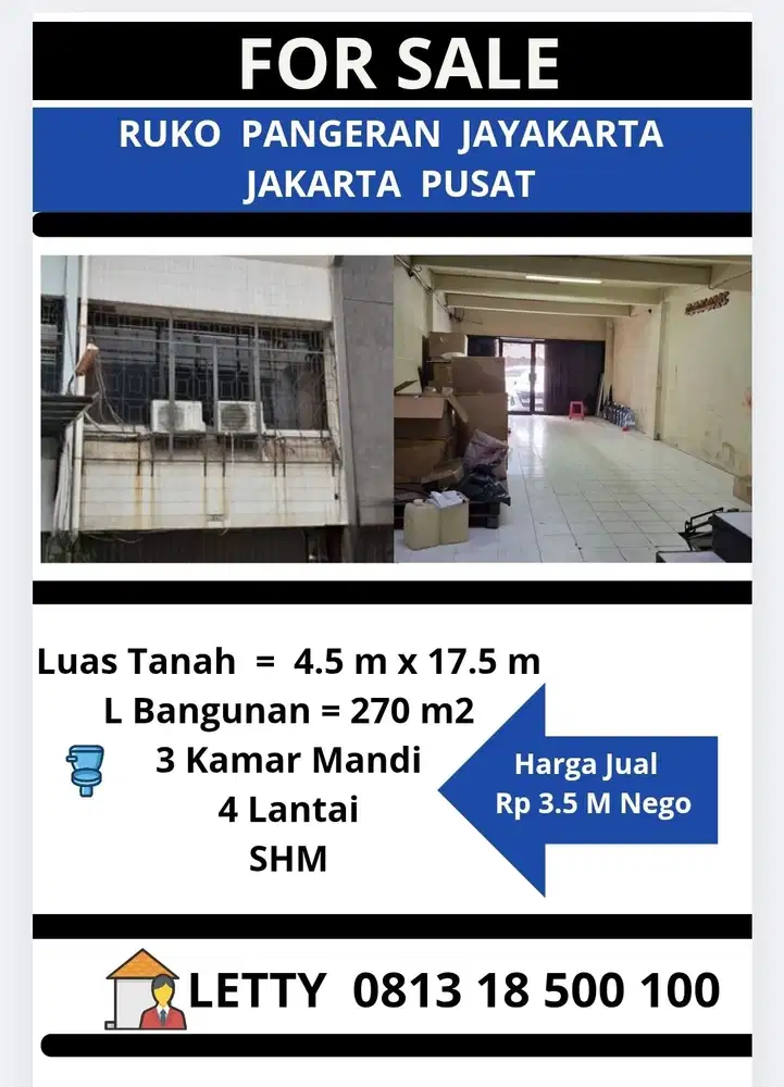 Ruko 4 Lantai Pangeran Jayakarta Rp 3.5 M Nego