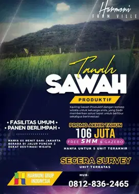 Jual Kavling Sawah Produktif 250 Meter Hanya 106 Juta Surat SHM Bogor