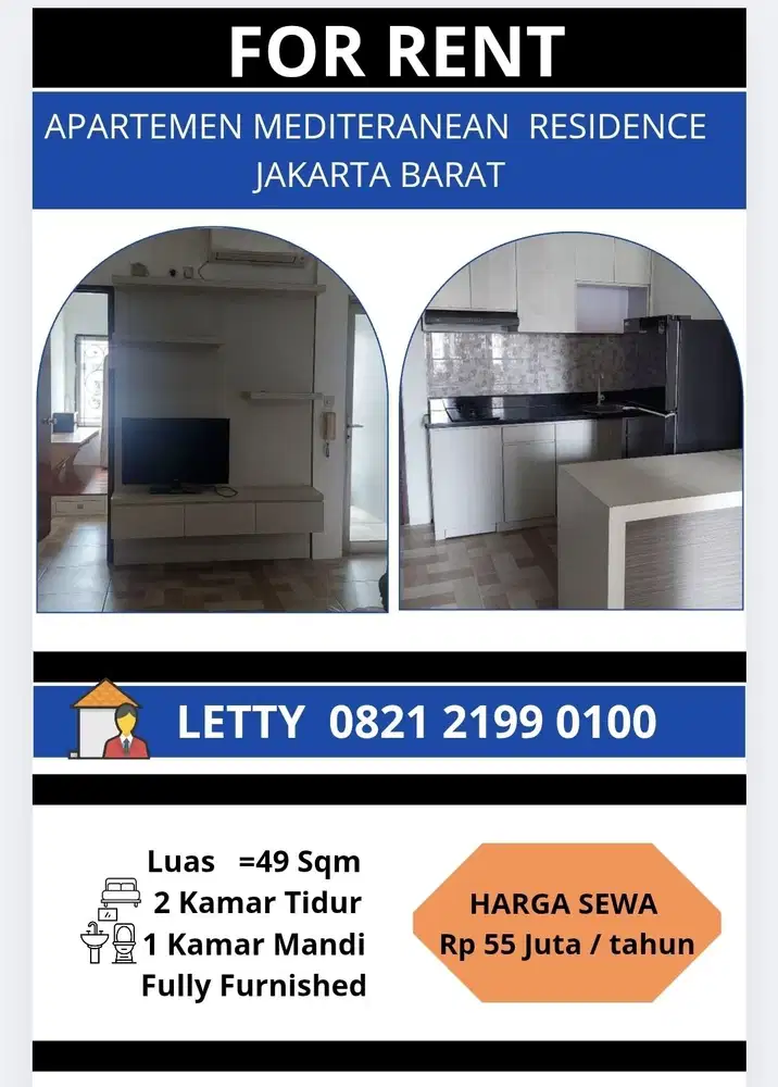 Apartemen Mediteranean Tanjung Duren 2 BR Furnished Rp 50 Juta / Tahun