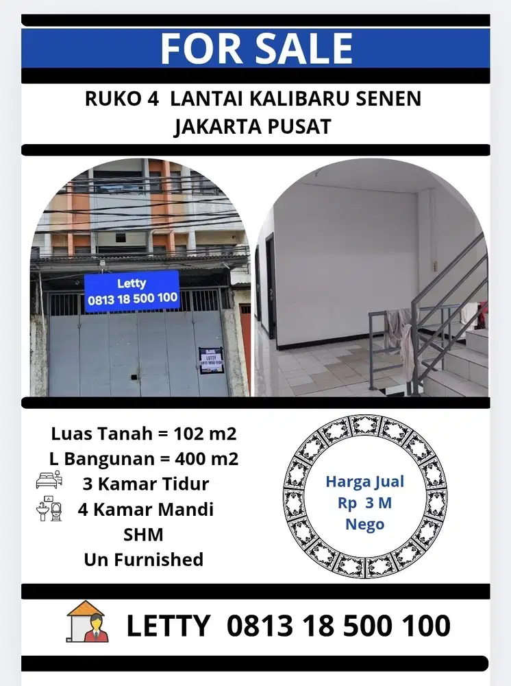 Jual Murah Ruko Siap Huni Kalibaru Jakarta Pusat Rp 3 M Nego