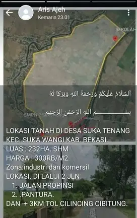 Dijual tanah 232 Ha di desa suka tenan, kecamatan sukawangi, Bekasi.